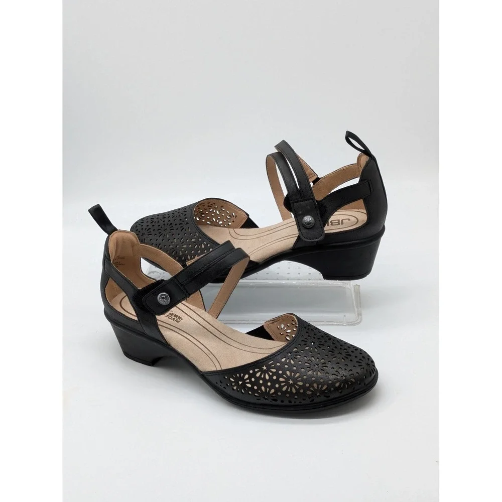 JBU Womens 8.5W Mary Jane Shoes Black Laser Cut Comfort Wedge Strap Floral
